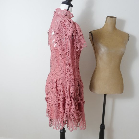 L'ATISTE Dusty Rose Pink Lace Eyelet Ruffle MockNeck Victorian French Boho Dress - Picture 9 of 16
